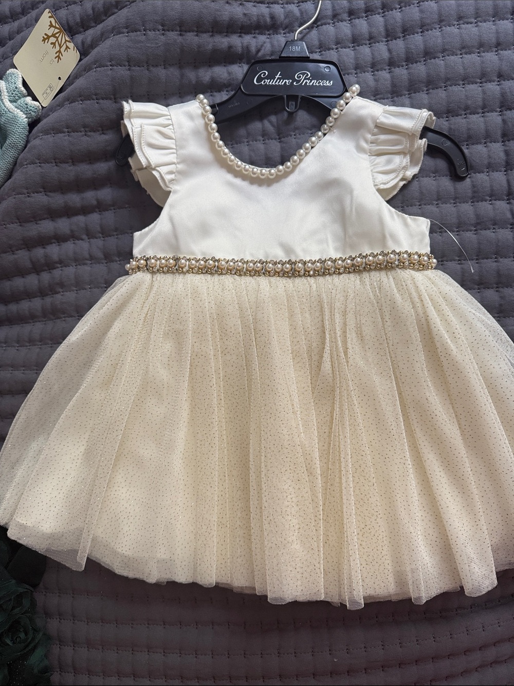 Couture Princess Pearl-Trim Ivory Tulle Dress